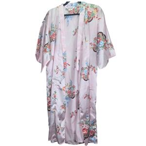 Ichiban Kimono Robe‎ Made in Japan Floral Print Pink Lounge Duster Asian Satin